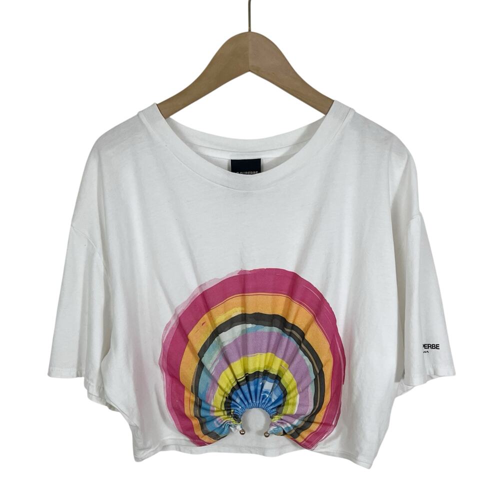 NWT Le Superbe Summer Under The Rainbow Cropped White Tee Size Medium - Picture 2 of 10
